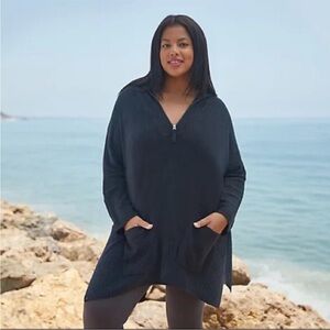 Barefoot Dreams Cozy Chic Lite 1/2 Zip Black Pullover Tunic Poncho Small/ Medium